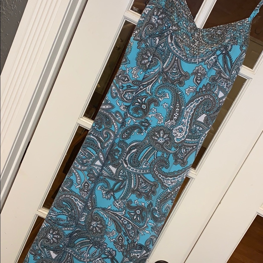MT Collection Teal and Gray Paisley Maxi Dress